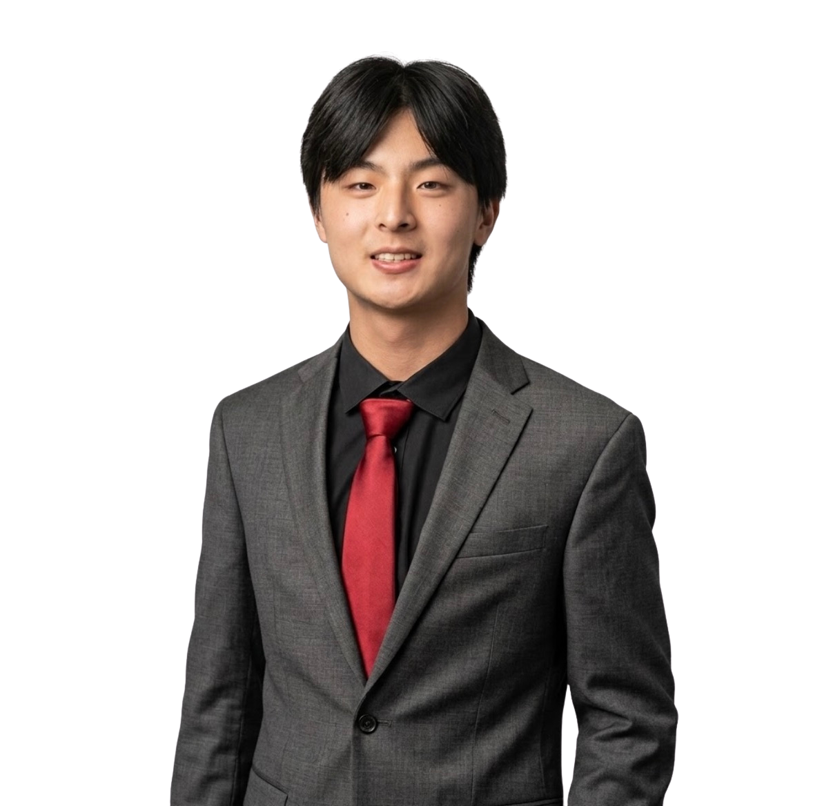 Jason Hu wearing a gray suit and red tie