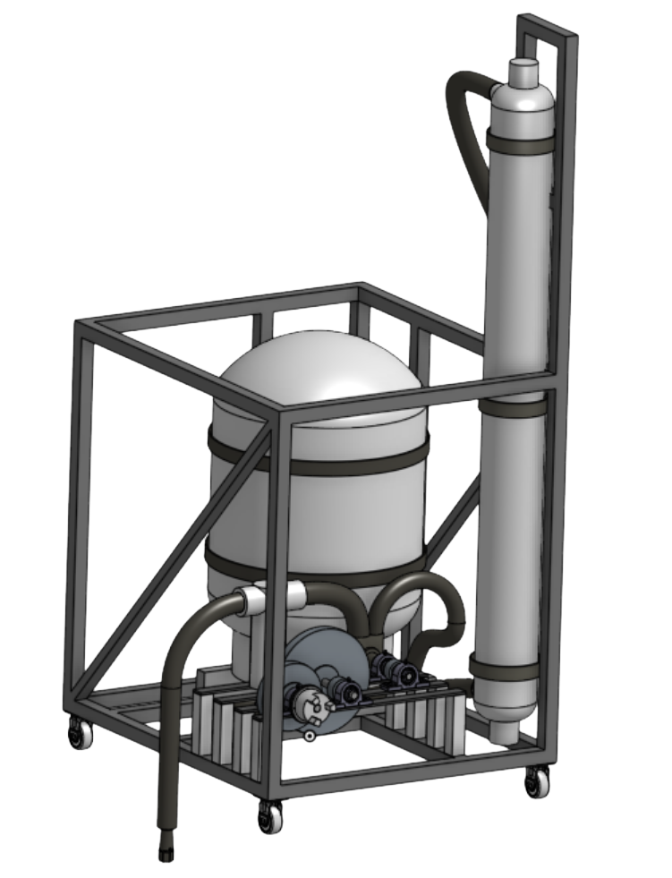 CAD assembly of AquaReserve with a low-mounted pressure tank, vertical membrane filter, mechanical drivetrain, and wheeled frame.