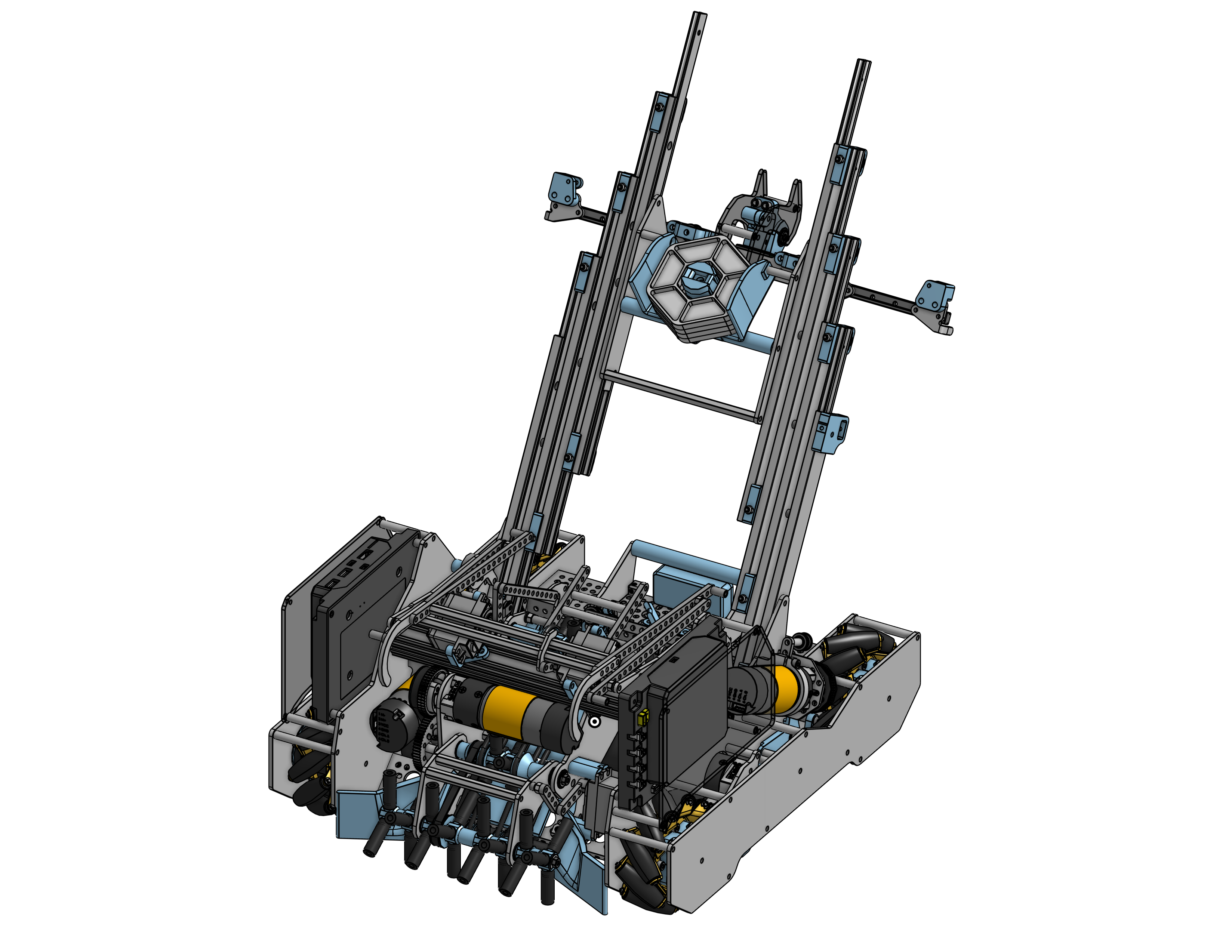 CENTERSTAGE robot CAD with dual inclined slides, powered intake, and mecanum drivetrain.