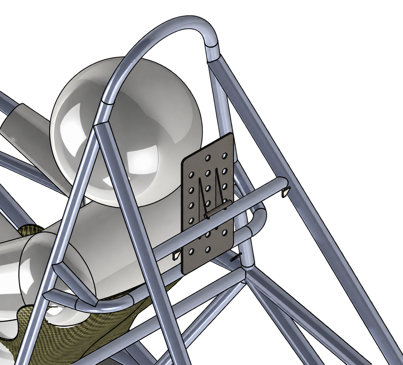 Headrest assembly CAD showing the backplate and mounting interface within the chassis, with driver and helmet geometry for packaging reference.